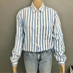 Hunt Club Stripped Minimalist Pastel Blue Casual Unisex Button Down Shirt Blouse